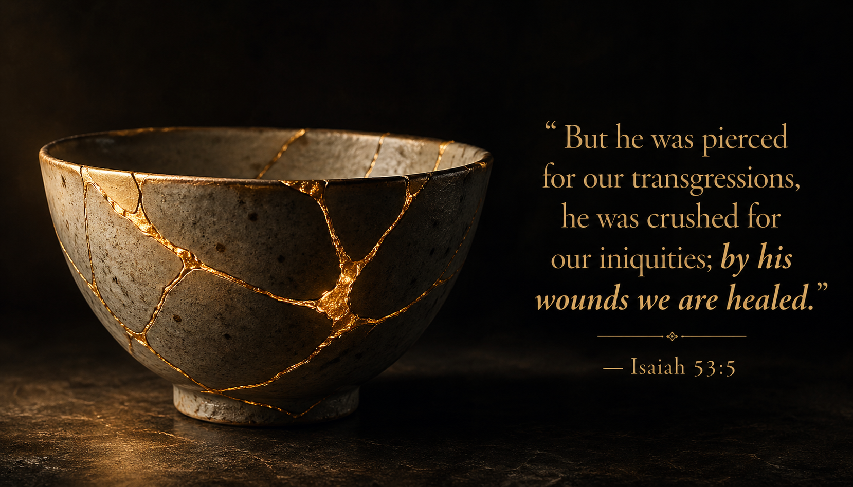 Kintsugi ceramic bowl repaired with gold lacquer on dark background with Isaiah 53:5 Bible verse text
